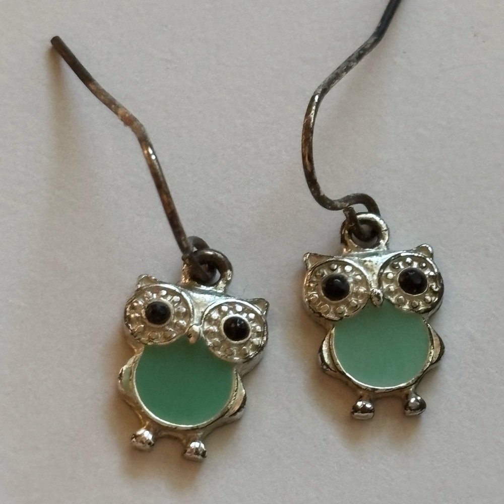 Silver and Green Owl Earrings